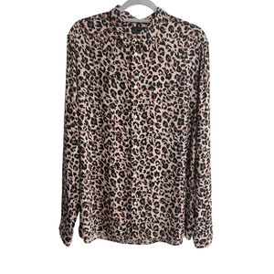 H&M Leopard Print Viscose Button-Front Collared Blouse Long Sleeve Women L